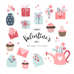 Lovely hand drawn Valentine's Day design, cute doodle cupcakes, gift boxes, letters and flowers, boho style - vector design