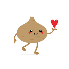 Wall Mural - Cute cartoon style smiling jicama vegetable character holding in hand red heart. Love, appreciation and caring concept.