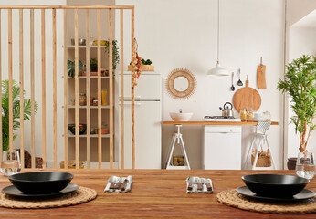 Wall Mural - Kitchen close up dining room table decorative interior background style with dishwasher and refrigerator.