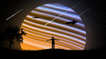 Wall Mural - A man at night outdoors with his hands apart, raised to the air against the background of the starry sky with spaceships and a beautiful glowing neon planet.