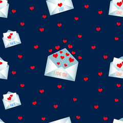 Aufkleber - Seamless vector pattern for Valentine's Day.
Romantic messages in envelopes with hearts and words of love in different languages.