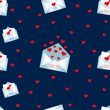 Seamless vector pattern for Valentine's Day.
Romantic messages in envelopes with hearts and words of love in different languages.