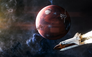 Inhabited Mars. Space stations, shuttle on background of red planet of solar system. 3D Render. Science fiction. Elements of this image furnished by NASA