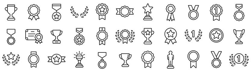 awards line icons set. trophy cup, medal, winner prize icon. vector