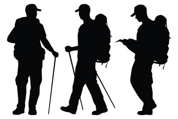 Set of tourist with backpack for hiking silhouette vector on white background, people