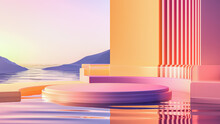 3d Render Round Platform On Water With Yellow Wall Panels. Minimal Landscape Mockup For Product Showcase Banner In Sunset Colors. Modern Design Promotion Mock Up. Geometric Background With Empty Space