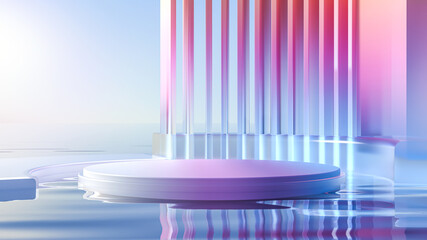 3d render round platform on water with glass wall panels. Minimal landscape mockup for product showcase banner in rainbow colors. Modern design promotion mock up. Geometric background with empty space