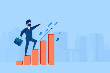 Vector of an ambitious business man climbing up graph columns