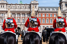 The Royal Guards In Red Uniform On Horses, The Life Guards, Household Cavalry Mounted Regiment, Parade Ground Horse Guards Parade, Changing Of The Guard, Old Admiralty Building, Whitehall, Westminster