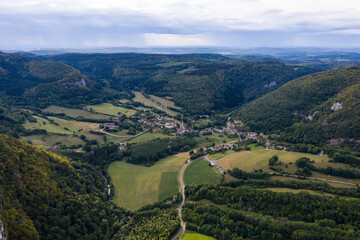 Nans-Sous-Sainte-Anne, France, August 3, 2020 - aerial vue of village in Doubs of Nans-Sous-Sainte-Anne. Close to Lison source