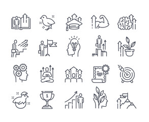 Black and white vector icons set of personal growth and self development outline icons. Containing such icons as training, newbie, new idea, skill Improvement, meditation and others.