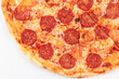 © ALEKSEI - fresh aromatic hot italian pepperoni pizza with mozzarella cheese on white wooden table background