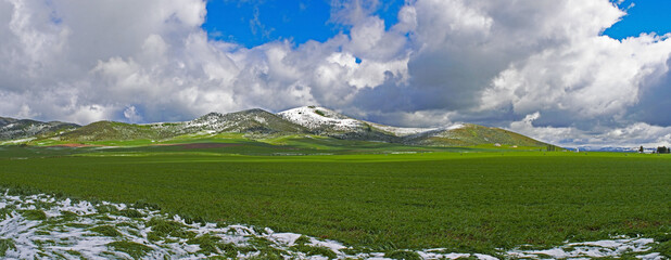 Poster - Panoramic shot of  beautiful green mountains with an agricultural field under the cloudy sky