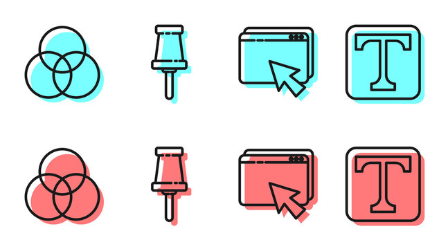 Set line Web design and development, RGB and CMYK color mixing, Push pin and Text icon. Vector.