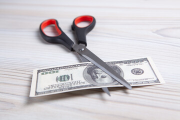 Wall Mural - Scissors cut a dollar bill in half