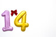 number 14 on a white background, pink and gold, red bow. Valentine's day, symbol. Place for your text.