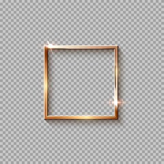Poster - Golden square frame for picture isolated on transparent background. Blank space for picture, painting, card or photo. 3d realistic modern template vector illustration. Simple gold object on wall