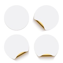 Wall Mural - White glued round stickers with golden back side curling set. 3d circular shaped blank paper labels vector illustration. Badges with shining peel effect
