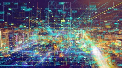 Poster - Smart City Aerial Drone Footage Hologram Information Arches Forming During Network Communication Futuristic Network and Technology 5G Drone Low Light 4k. Video loop, time lapse