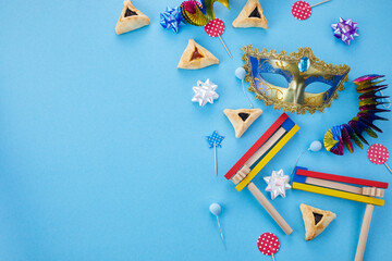 Purim celebration concept. Jewish carnival background. Top view. Flat lay