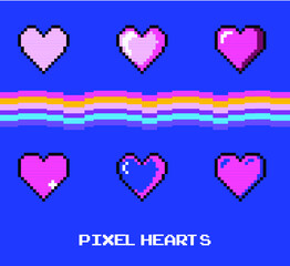 Aufkleber - Set of pixel art heart icons. Vector 8-bit retro style illustration.
