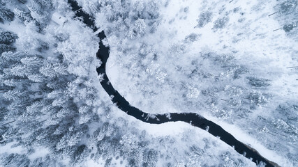Wall Mural - Aerial view of river thorugh snow covered forest in calm scene.  Drone view photo from the drone on a cloudy day. Aerial top view beautiful snowy landscape.

