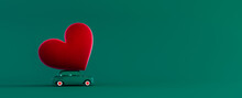 Green Car Arriving With Huge Red Heart On The Roof On The Green Background 3D Rendering