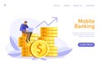 © Nataliia - Tiny man seatting on golden coins stack with coin in front and using laptop for online banking and accounting, currency exchange, deposit on bank. Online banking concept. Vector flat illustration.