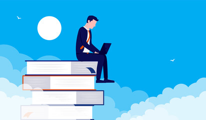 Poster - Businessman learning and studying - Man sitting on books with laptop and educating himself to advance career. Vector illustration.