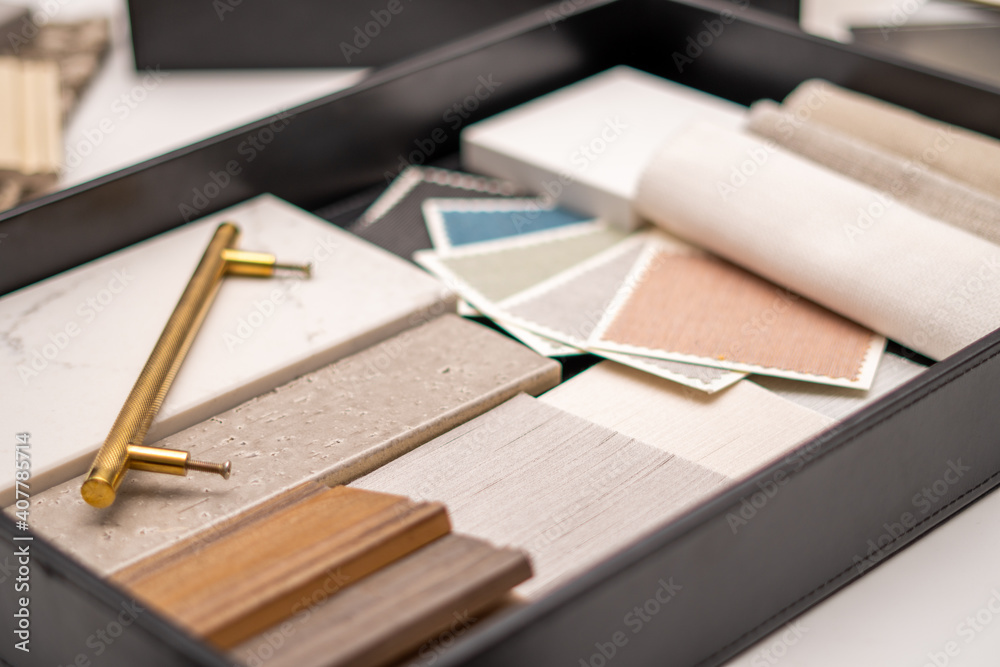 Interior designer's working table, an architectural plan of the house ...