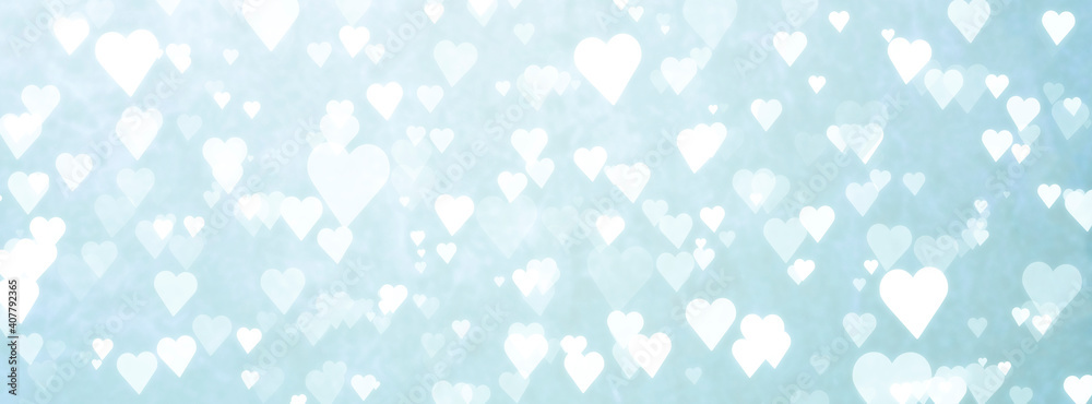 valentines day - defocused white hearts background on blue background - february 14 - obrazy, fototapety, plakaty 