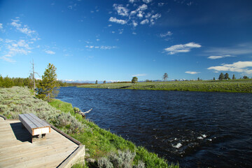 Bench on Two Ribbons Trail along the Madison River in Yellowstone National Park, Wyoming