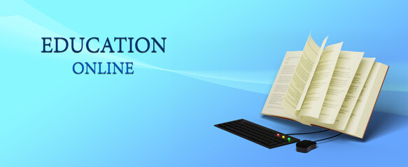 Poster - Digital Online Education. 3d of book, computer set learning on phone, mobile website background. social distance concept. Classroom Online internet network.