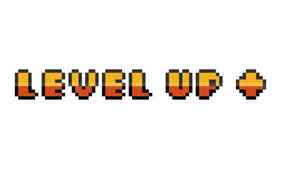 Pixel art cartoon gold level up text with plus sign.