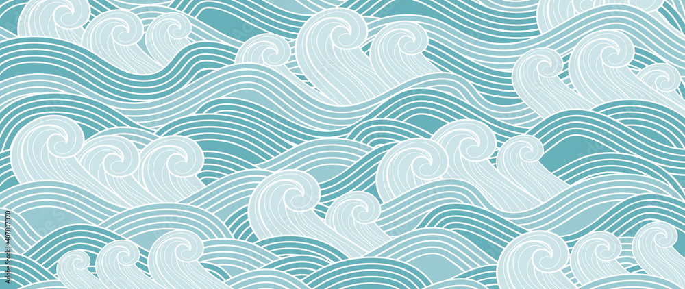 Traditional Japanese wave pattern vector. Luxury oriental style wallpaper. Hand drawn line arts design for prints, fabric, poster and wallpaper. - obrazy, fototapety, plakaty 