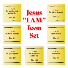 Jesus' I AM Posted Note Yellow Icon Set Statements In Gospel Of John In The Bible's New Testament. I Am The Way, Truth, Life, Vine, Resurrection, Shepherd, Bread And Light Of The World.