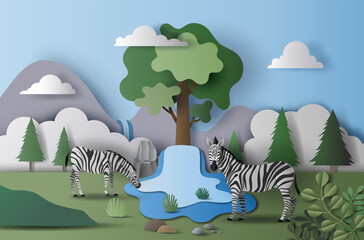 Wall Mural - World Water Day, save water, a beautiful landscape of zebra couple in the wild, paper illustration, and 3d paper.