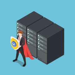 Aufkleber - Isometric Super Businessman Holding Shield Protecting Data Center Server Racks