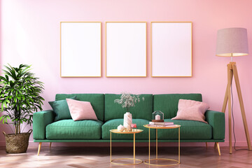 Wall Mural - 3 wood frame photo mockup of a room with Scandinavia furniture 3d rendering