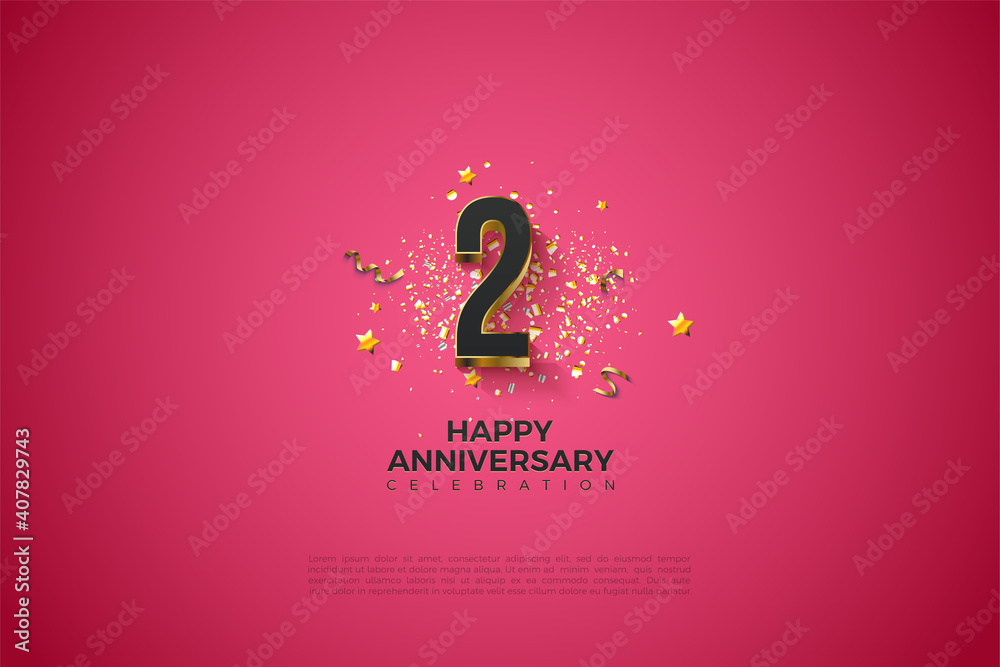 2nd Anniversary with frightening gold-plated 3d numerals illustration. - obrazy, fototapety, plakaty 