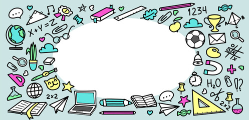 Poster - Back to School doodle elements with frame and copy space for text . Vector illustration black line style