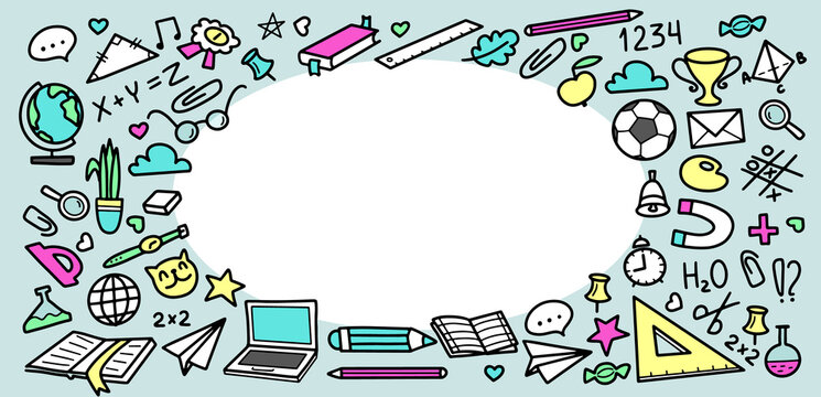 Back to School doodle elements with frame and copy space for text . Vector illustration black line style