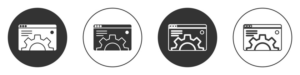 Black Browser setting icon isolated on white background. Adjusting, service, maintenance, repair, fixing. Circle button. Vector.