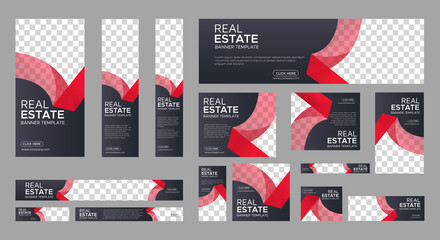 Real Estate web banner design template Set. Vertical, Horizontal and Square banners with standard size and place for photos. Vector design EPS