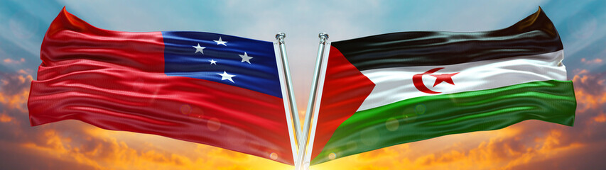 Double Flag Western Sahara الصحراء الغربية and Samoa flag waving flag with texture sky Cloud and sunset