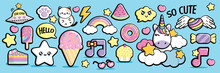 Kawaii Elements In Pastel Color Style Vector Set.