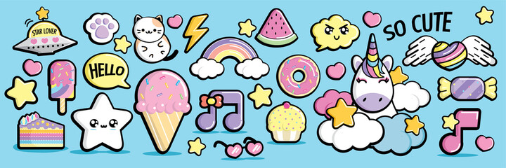 kawaii elements in pastel color style vector set.