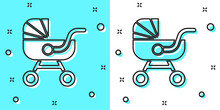 Black Line Baby Stroller Icon Isolated On Green And White Background. Baby Carriage, Buggy, Pram, Stroller, Wheel. Random Dynamic Shapes. Vector.