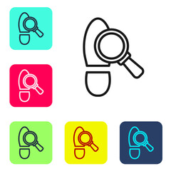 Sticker - Black line Magnifying glass with footsteps icon isolated on white background. Detective is investigating. To follow in the footsteps. Set icons in color square buttons. Vector.