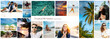 Collection of images of different happy young active people on summer vacation at the sea. Diversity concept